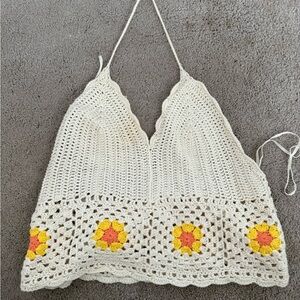 Crochet Halter Top - Cream with Yellow and Orange Accents